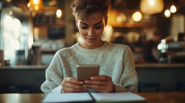 A young woman smiles while using her smartphone in a warm and inviting coffee shop atmosphere, embodying modern connectivity and moments of joy in daily life.