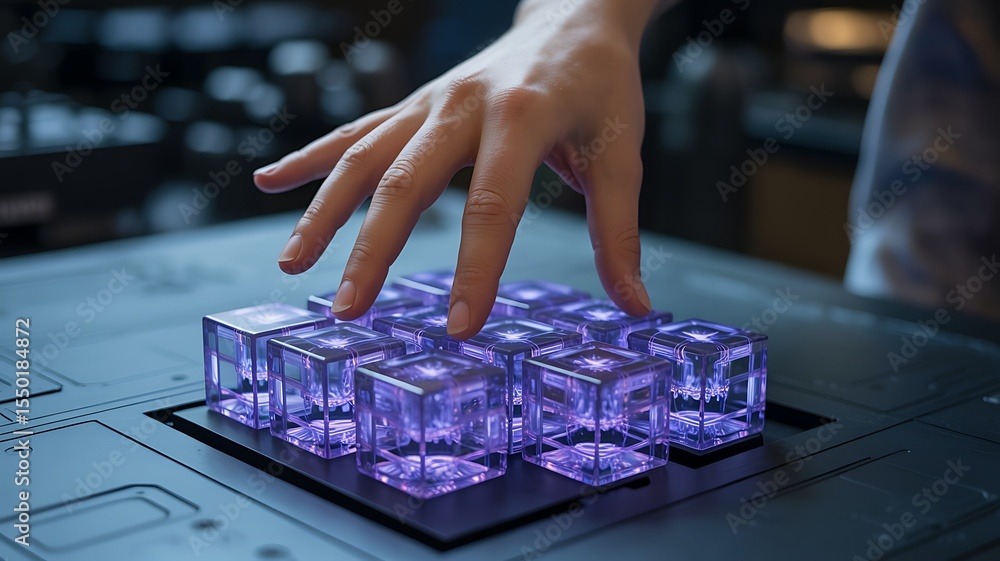 Aufkleber digital innovation: an individual's hand interacts with an array of glowing cubic displays, signifyi