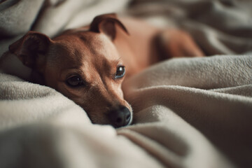 serene dog resting on soft lightcolored blanket exuding calmness and warmth