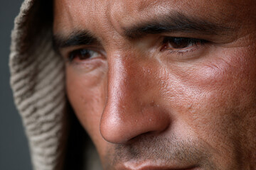 closeup portrait of american homeless person with exaggerated expression of despair featuring only face against