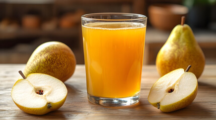 Glass of fresh pear juice stands on empty light brown wooden table surrounded by couple of whole and sliced ​​halves of pear lying separately against modern kitchen background 2