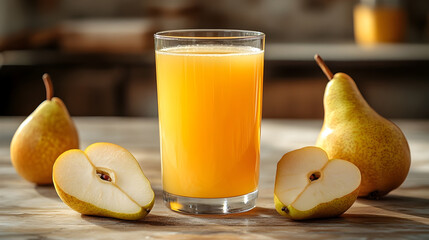 Glass of fresh pear juice stands on empty light brown wooden table surrounded by couple of whole and sliced ​​halves of pear lying separately against modern kitchen background 