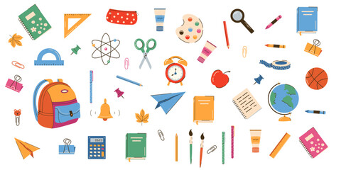 Big set of school supplies and education set. Back to school. Backpack, books, globe, pencil box, paints, ruler, pen, pencil. Suitable for prints, cards, paper crafts, scrapbooking.