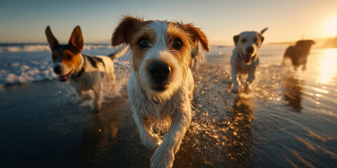 dog on the beach, Dogs Playing in the Surf – Landscape Perspective with Shallow Focus
