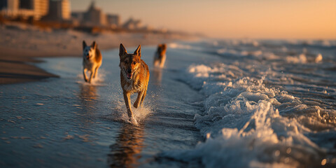 Beach Dogs in Motion – Landscape Shot of Surf Play with Soft Focus