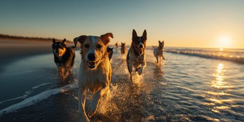Candid Dogs Playing in the Surf – Selfie Perspective with Shallow Focus