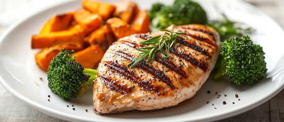 Grilled Chicken Breast with Roasted Sweet Potatoes and Broccoli