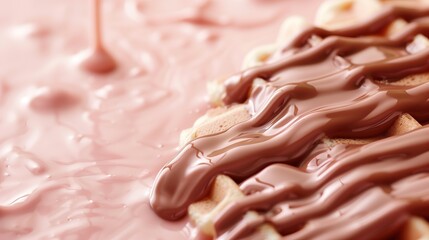 Close-up of a golden waffle drenched in smooth melted milk chocolate with creamy texture, set against a glossy pink background.