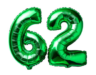数字の62の形の緑色の風船（Number 62 green foil balloon on white background）
