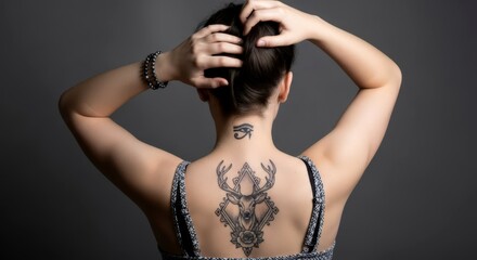 Woman with deer and eye of horus tattoos on her back. Body art and self expression. Tattoo culture and personal statement concept.