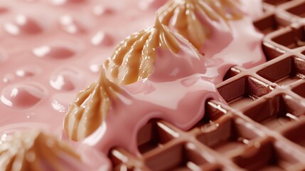 Close-up of a chocolate waffle topped with glossy pink icing and swirls of caramel cream, creating a rich and indulgent dessert look.