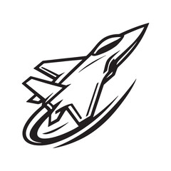 Cartoon jet fighter flying upward with trailing motion lines in clean black and white outline