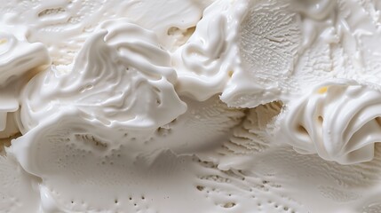 Detailed macro shot of smooth vanilla ice cream with swirled creamy texture, highlighting its rich, cold, and indulgent appearance.