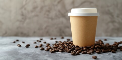 A warm coffee in a simple paper cup placed on a gray surface with roasted beans scattered around, evoking freshness and energy.