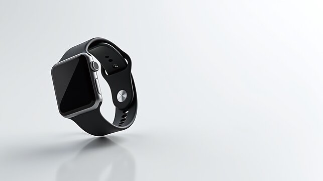 A sleek black smartwatch rests on a pristine, reflective surface.