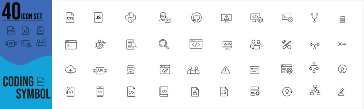 Minimalist Line Icon Set of Coding Symbols in Modern Vector Style.programming, code, developer, software, html, css, javascript, python, tech, digital, script, terminal, database