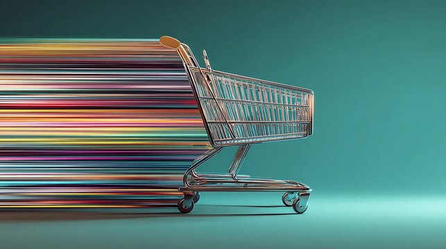 Shiny chrome shopping cart with colorful motion blur streaks against a teal background symbolizing fast shopping