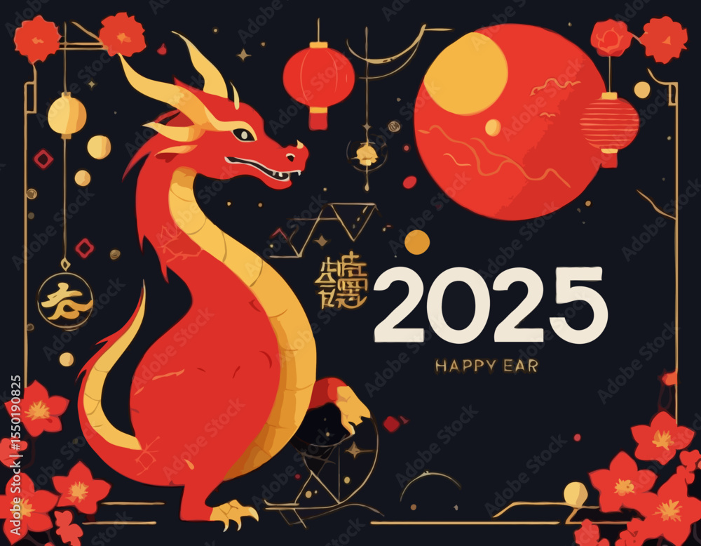Fototapete banner for chinese new year 2025 in geometric style.card for holiday with dragon and numbers from si