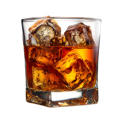 Rocks glass with whiskey or amber liquor and large ice cubes, isolated on a clean white background,