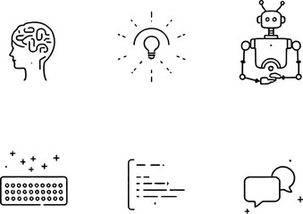 Tech-Themed Concept Icon Set Featuring Six Minimalist Symbols Arranged in a 2x3 Grid—Including a Human Head with Brain Representing Thought or Consciousness, a Light Bulb for Innovation, a Playful 