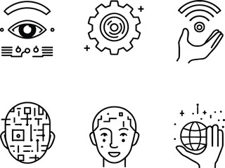 Futuristic Tech Symbol Icon Set Featuring Six Minimalist Black Silhouettes in a 2x3 Grid Layout—Including an Eye Over Dot-Matrix Lines Representing Visual Data or Surveillance, a Gear with Central 