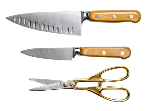 Set of kitchen knives (chef's knife, utility knife, paring knife) and kitchen shears, isolated on a clean white background, top view,