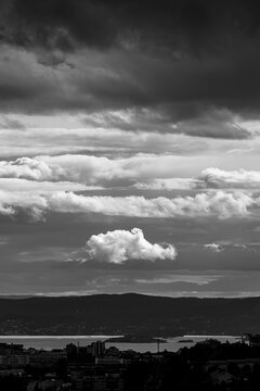 Fototapeta Super telephoto, distant view of Oslofjord and islands in the evening, early summer