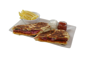 toast with salami, sausage and tomato paste, isolated on white background