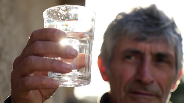 Man holding a glass of water up to the sun and observing it