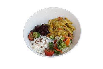 Curry chicken bowl, isolated on white background