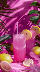 Two tall glasses of pink lemonade with lemon slices and ice set against a vibrant pink background with tropical leaves and flowers.