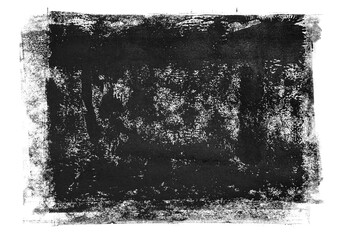 Dense black rolled ink makes a rough letterpress print. It's grungy and distressed with a clear background. This evokes a printing press; it's all handmade.
