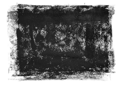 Dense black rolled ink makes a rough letterpress print. It's grungy and distressed with a clear background. This evokes a printing press; it's all handmade.