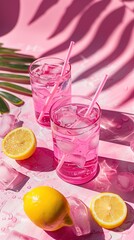 Two glasses of vibrant pink lemonade with ice and straws sit on a sunny pink surface surrounded by fresh lemons and melting cubes.