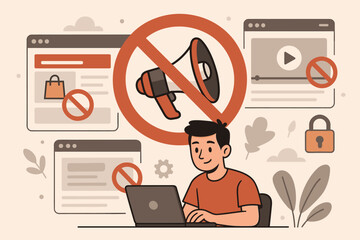 Ad blocking software concept for removing online advertising and pop-ups. Man with laptop using adblocker for internet security, digital privacy, and clean web browsing experience.