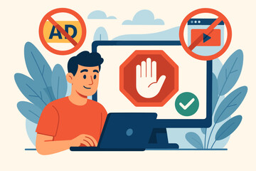 Ad blocker software concept. Man at computer blocking annoying online ads, pop-ups, and video content. Internet privacy, content filtering, and digital security vector illustration.