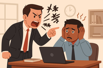 Angry boss shouting at scared employee. Workplace bullying, harassment, and toxic environment concept. Manager aggression, verbal abuse, and pressure at work. Office conflict.