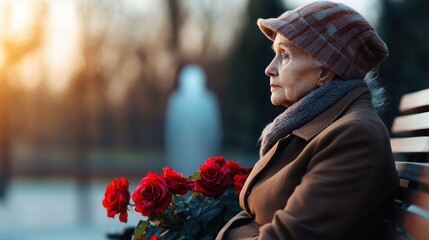 An elderly woman sits peacefully on a bench, surrounded by vibrant red roses, reflecting on her life during a serene sunset, evoking emotions of nostalgia and tranquility.