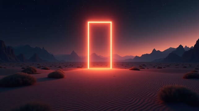 Neon square gateway in desert landscape under twilight sky.
