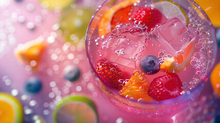 Colorful beverage filled with ice cubes, strawberries, blueberries, citrus slices, and bubbles, capturing the freshness of a fruity summer drink.
