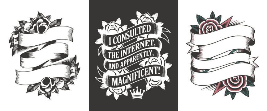 Vintage Banner Ribbon Tattoo Style Vector Design Set Featuring Grungy Floral Elements and Editable Text Layouts for Classic Ink Art, Logo Design, Shirt Graphics, and Retro Themed Poster Projects