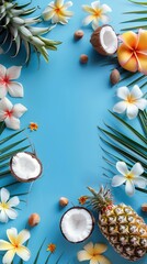 Colorful tropical composition featuring coconuts, pineapple, palm leaves, and exotic flowers arranged on a bright blue background for summer vibes.