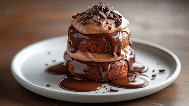 A mouthwatering triple layer chocolate cake topped with luscious creamy frosting and shavings, showcasing irresistible dessert artistry perfect for sweet tooth cravings. - Powered by Adobe