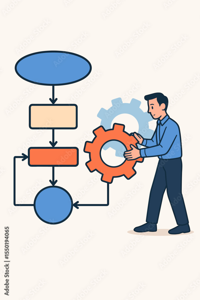 Poster business process management concept. man adding a gear to a workflow flowchart. automation, optimiza