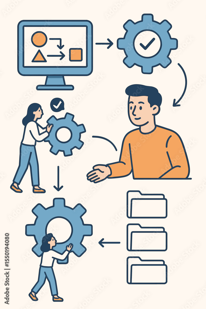 Poster business process management and workflow automation concept. people arranging gears in a flowchart, 