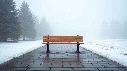 A solitary bench on a misty, snow-covered pathway.