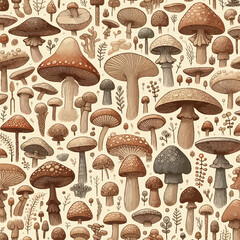 Detailed Mushroom Pattern in Vintage Botanical Style