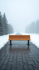 A solitary wooden bench, framed by a misty forest and treacherous snow.