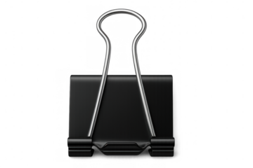 Black metal binder clip fastening papers, silver mechanism gripping documents against clean white background