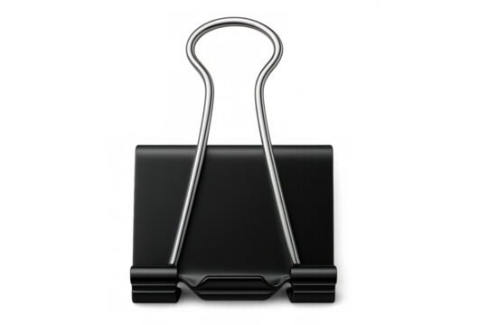 Black metal binder clip fastening papers, silver mechanism gripping documents against clean white background